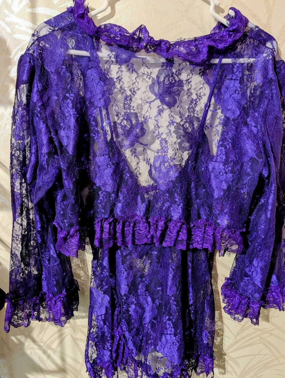 Escante Sheer Stunning Purple Lace Ruffle Lingerie With Black Lace Tie Size L